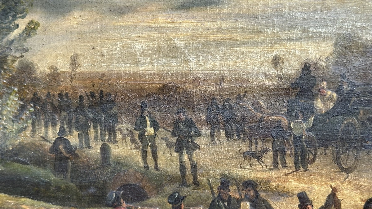 Quadro, olio su tela,  “Battuta di caccia aristocratica” - XIX sec.-photo-2