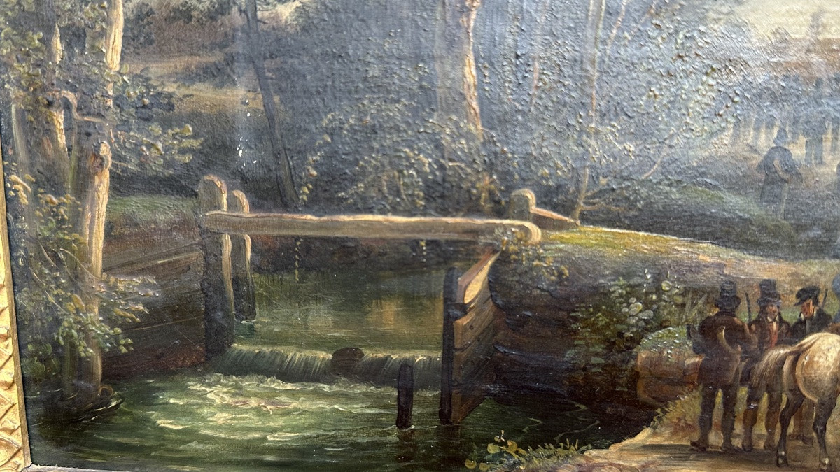 Quadro, olio su tela,  “Battuta di caccia aristocratica” - XIX sec.-photo-3