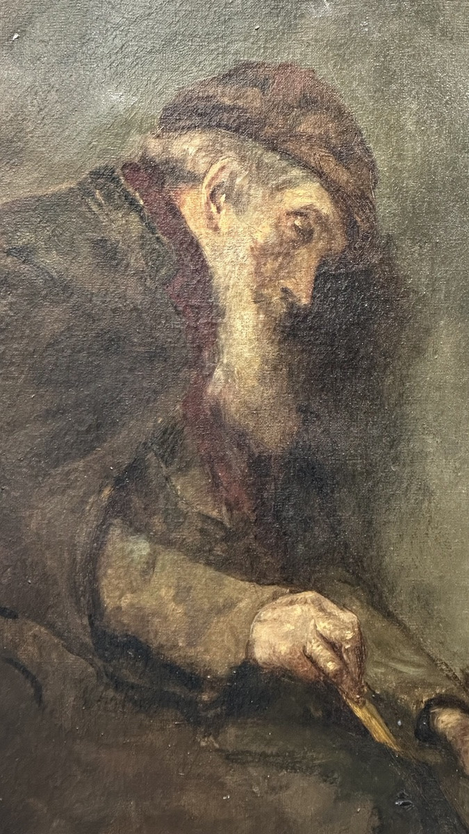 Dipinto a olio su tela – Scena di genere con figura anziana - XIX sec.-photo-2