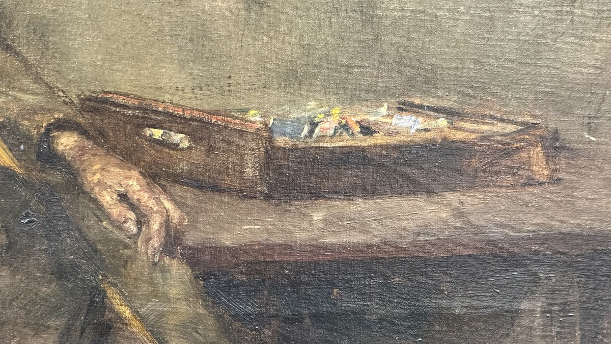 Dipinto a olio su tela – Scena di genere con figura anziana - XIX sec.-photo-4