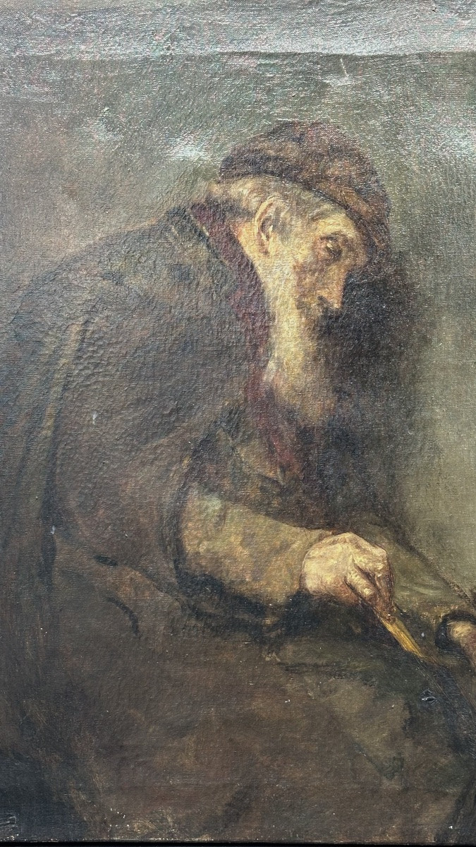 Dipinto a olio su tela – Scena di genere con figura anziana - XIX sec.-photo-2