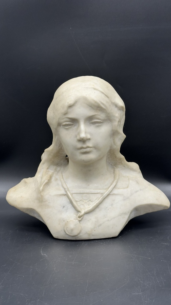 Scultura, busto in marmo " Fanciulla"(Giovanna D'Arco?)- XIX sec. -photo-2