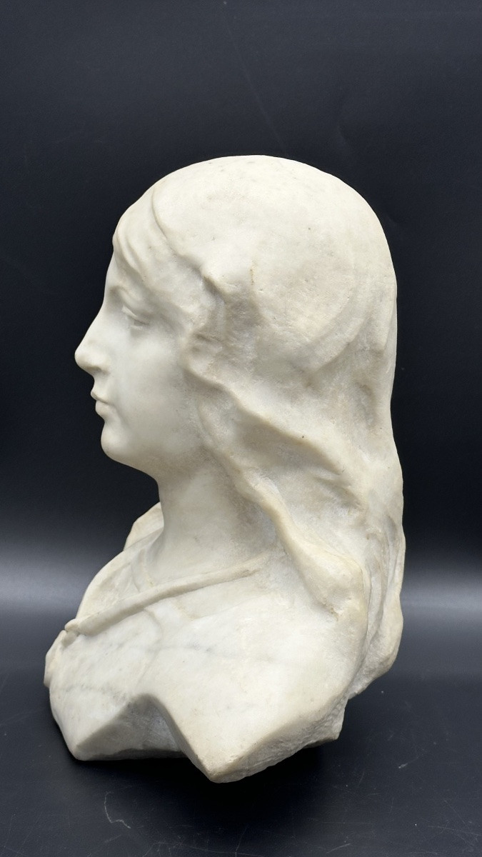 Scultura, busto in marmo " Fanciulla"(Giovanna D'Arco?)- XIX sec. -photo-3
