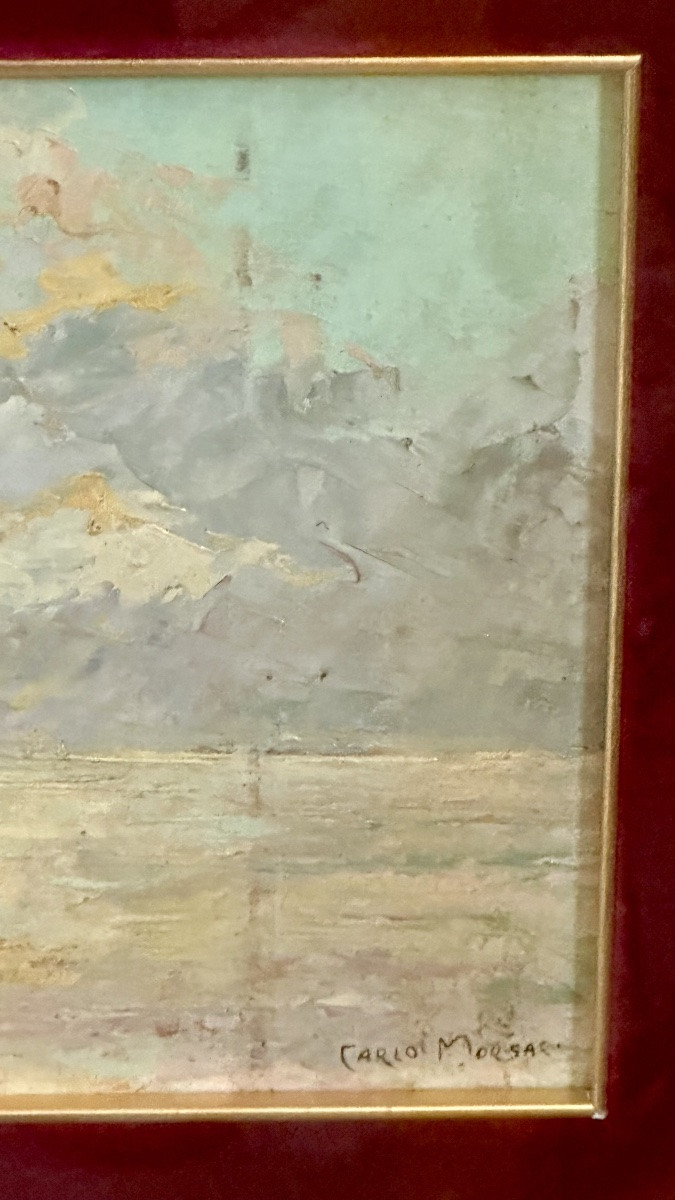 Dipinto, “Marina con barca” - CARLO MORGARI, XX sec. -photo-2
