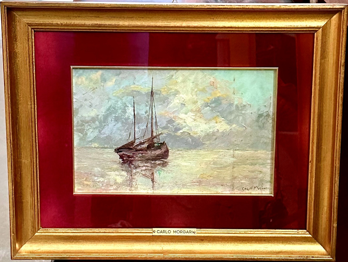 Dipinto, “Marina con barca” - CARLO MORGARI, XX sec. 