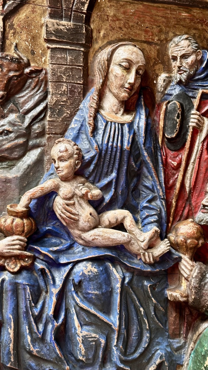 Pannello ligneo scolpito e policromo – scena dell’Adorazione dei Magi, siglato “A.Q.”-photo-4