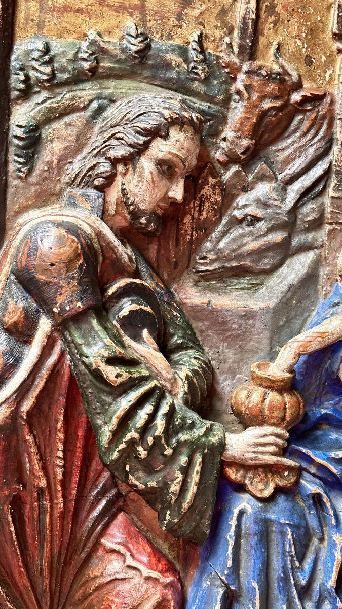 Pannello ligneo scolpito e policromo – scena dell’Adorazione dei Magi, siglato “A.Q.”-photo-1