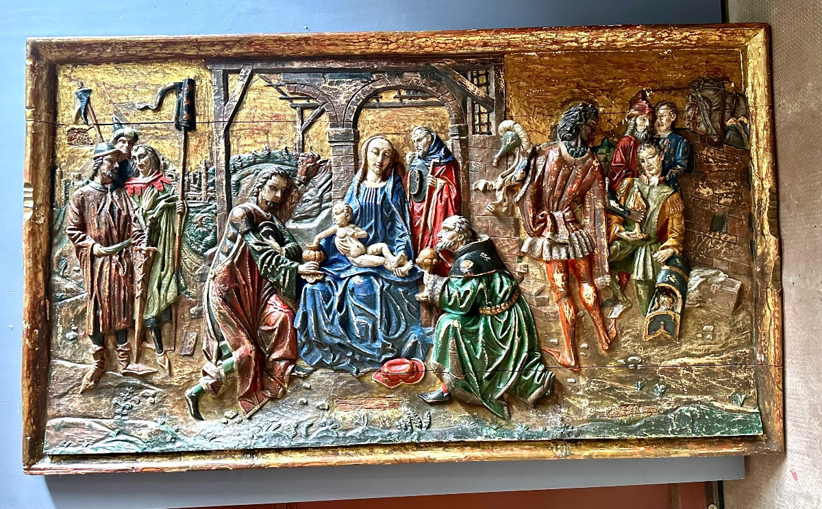 Pannello ligneo scolpito e policromo – scena dell’Adorazione dei Magi, siglato “A.Q.”