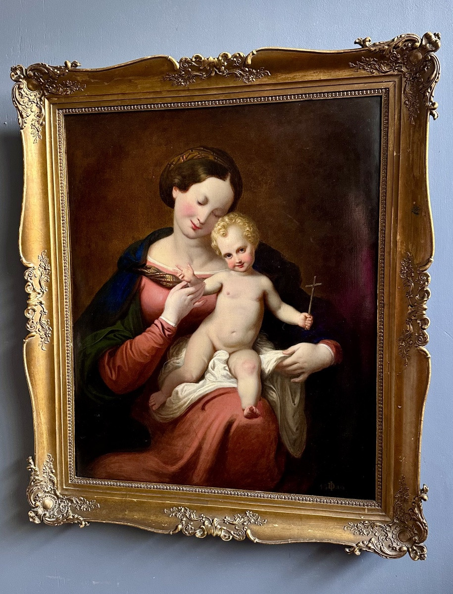 Dipinto ad olio su tela “Madonna con Bambino”, siglato e datato  “18 ID 49”-photo-2