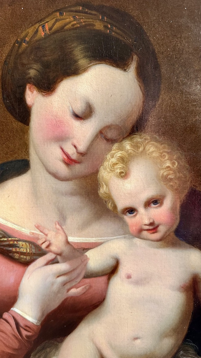 Dipinto ad olio su tela “Madonna con Bambino”, siglato e datato  “18 ID 49”-photo-3