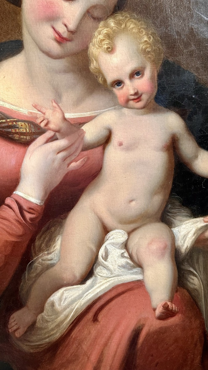 Dipinto ad olio su tela “Madonna con Bambino”, siglato e datato  “18 ID 49”-photo-1