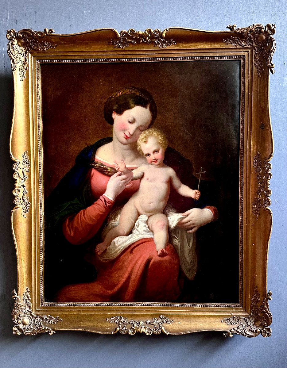 Dipinto ad olio su tela “Madonna con Bambino”, siglato e datato  “18 ID 49”