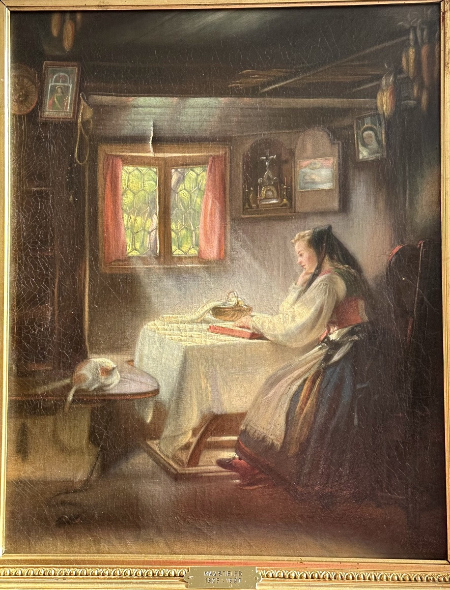 Dipinto ad Olio su Tela - Interno con Giovane Donna - Firmato Max Stieler 1870-photo-2