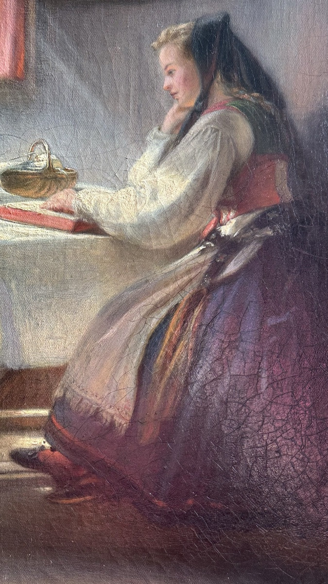 Dipinto ad Olio su Tela - Interno con Giovane Donna - Firmato Max Stieler 1870-photo-3