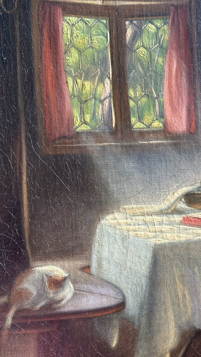 Dipinto ad Olio su Tela - Interno con Giovane Donna - Firmato Max Stieler 1870-photo-2