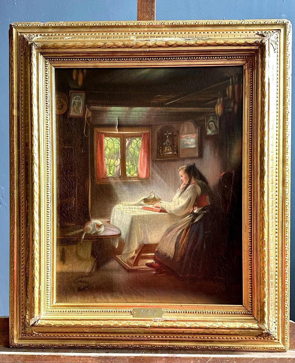 Dipinto ad Olio su Tela - Interno con Giovane Donna - Firmato Max Stieler 1870