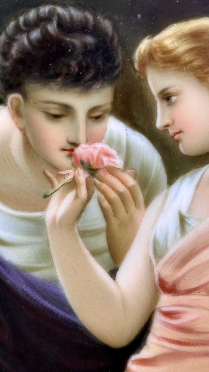 Placca in porcellana dipinta a mano – “Liebesfrühling”, firmato Friedrich Paul Thumann (1834–19-photo-3