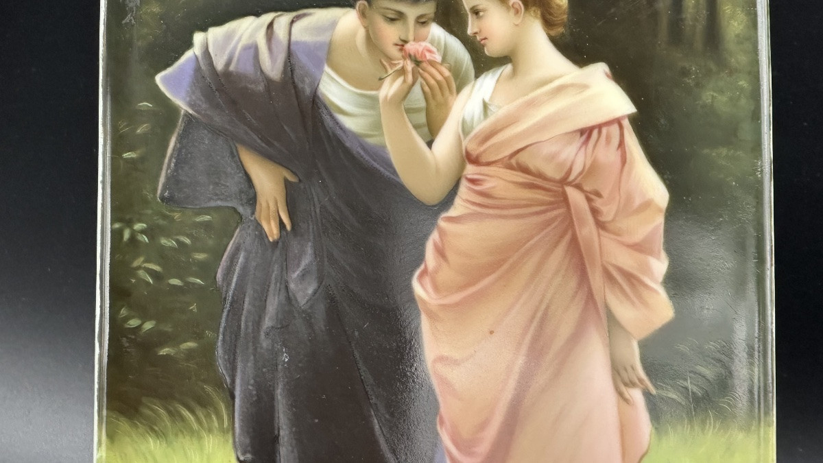 Placca in porcellana dipinta a mano – “Liebesfrühling”, firmato Friedrich Paul Thumann (1834–19-photo-1