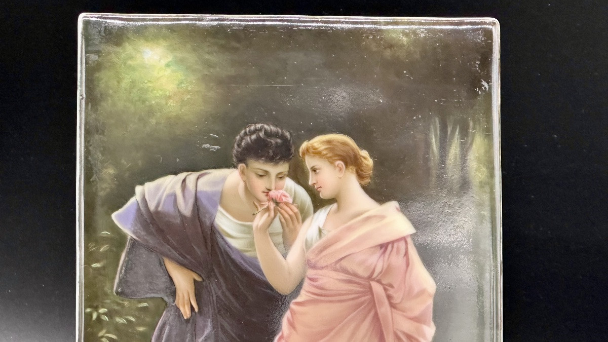 Placca in porcellana dipinta a mano – “Liebesfrühling”, firmato Friedrich Paul Thumann (1834–19-photo-2