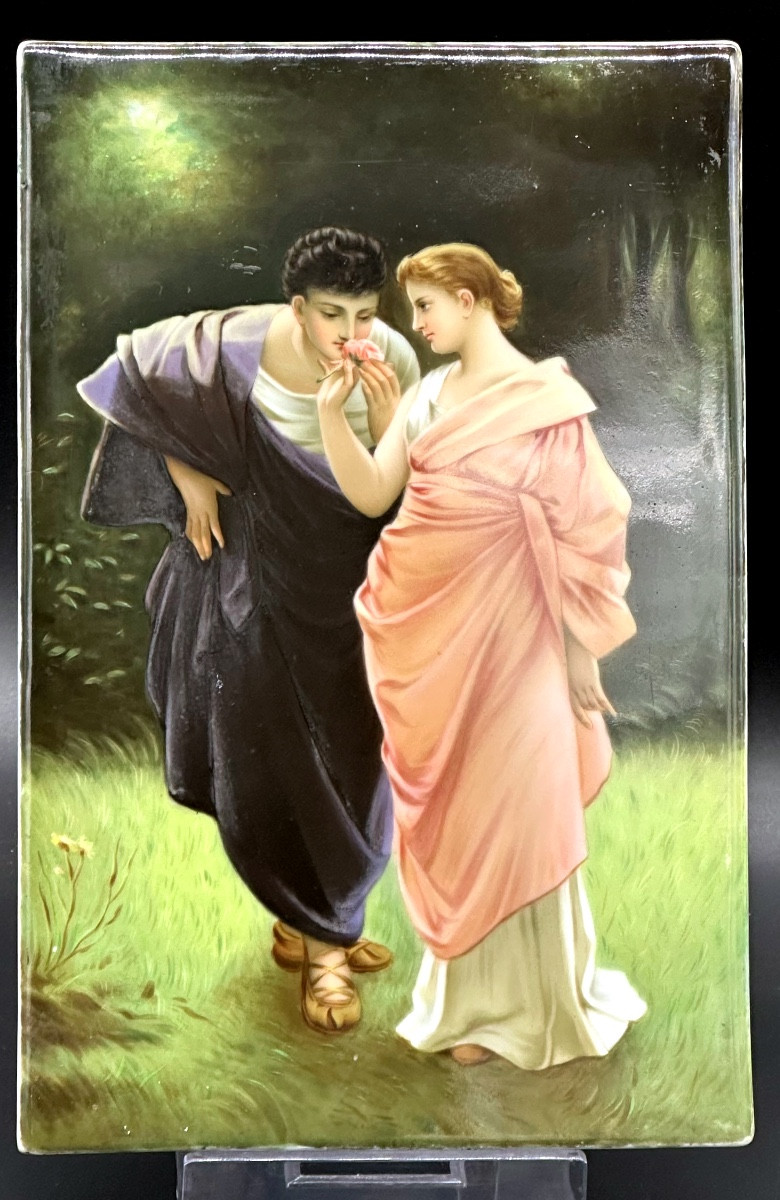 Placca in porcellana dipinta a mano – “Liebesfrühling”, firmato Friedrich Paul Thumann (1834–19