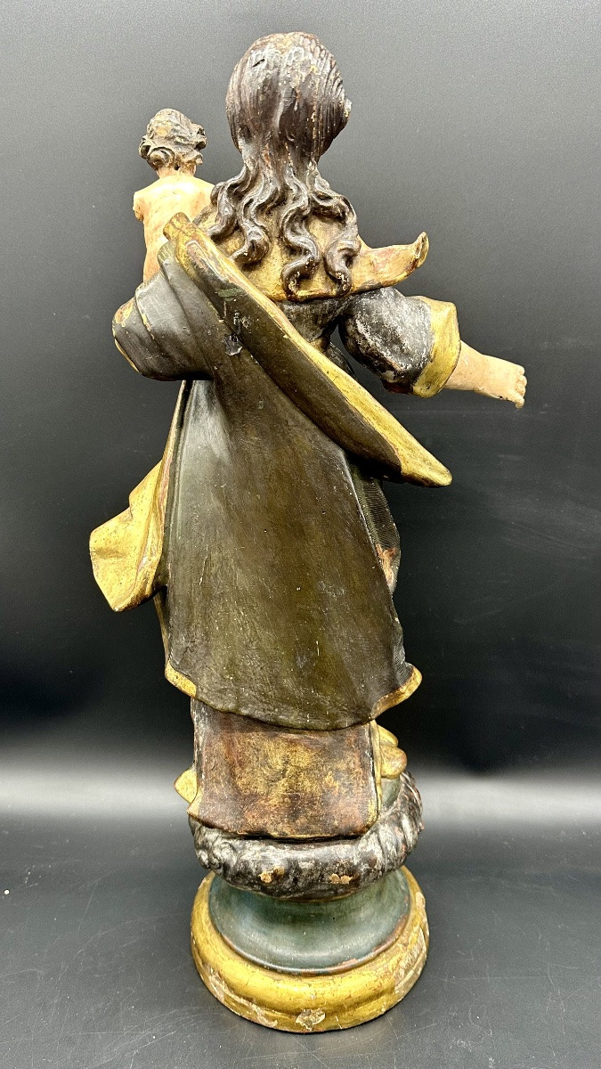 Madonna con Bambino in legno scolpito, policromo e dorato, Genova XVII secolo-photo-3