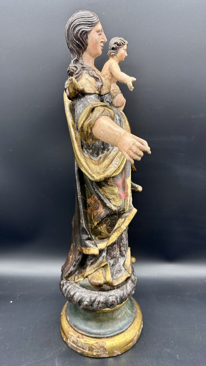 Madonna con Bambino in legno scolpito, policromo e dorato, Genova XVII secolo-photo-4