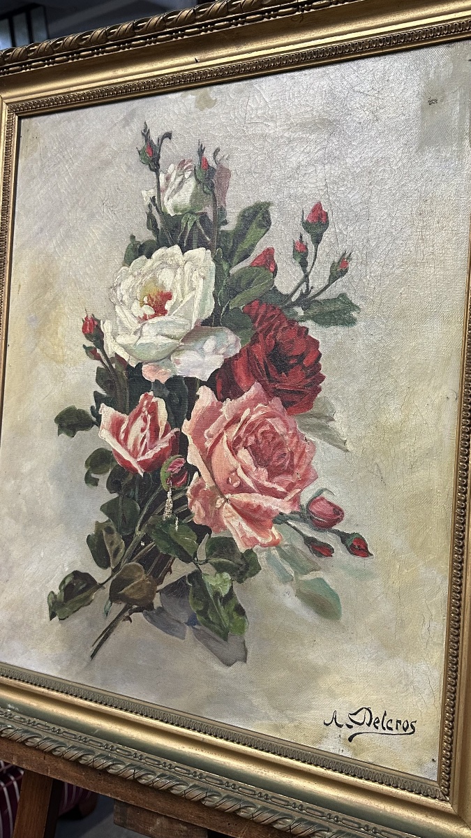 Dipinto ad Olio su Tela – Natura Morta con Bouquet di Rose, Firmato A. Delcros - XIX secolo-photo-2