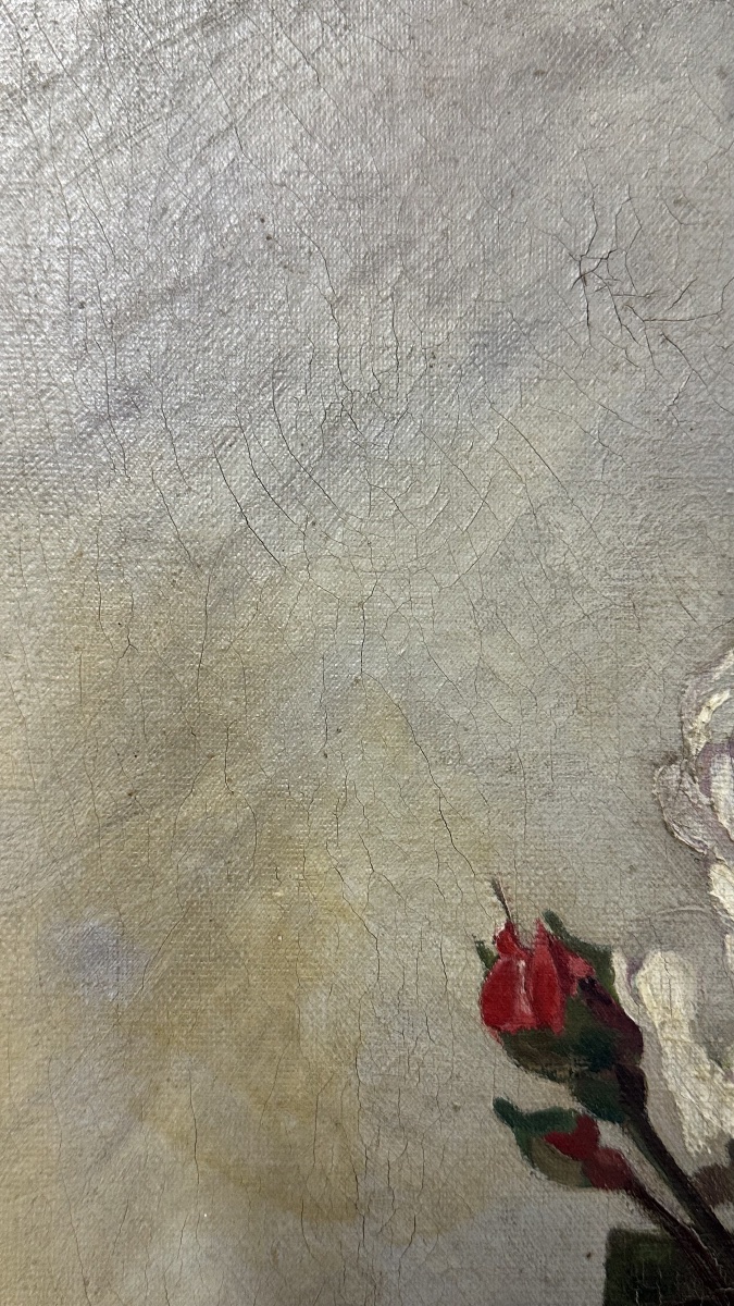 Dipinto ad Olio su Tela – Natura Morta con Bouquet di Rose, Firmato A. Delcros - XIX secolo-photo-3