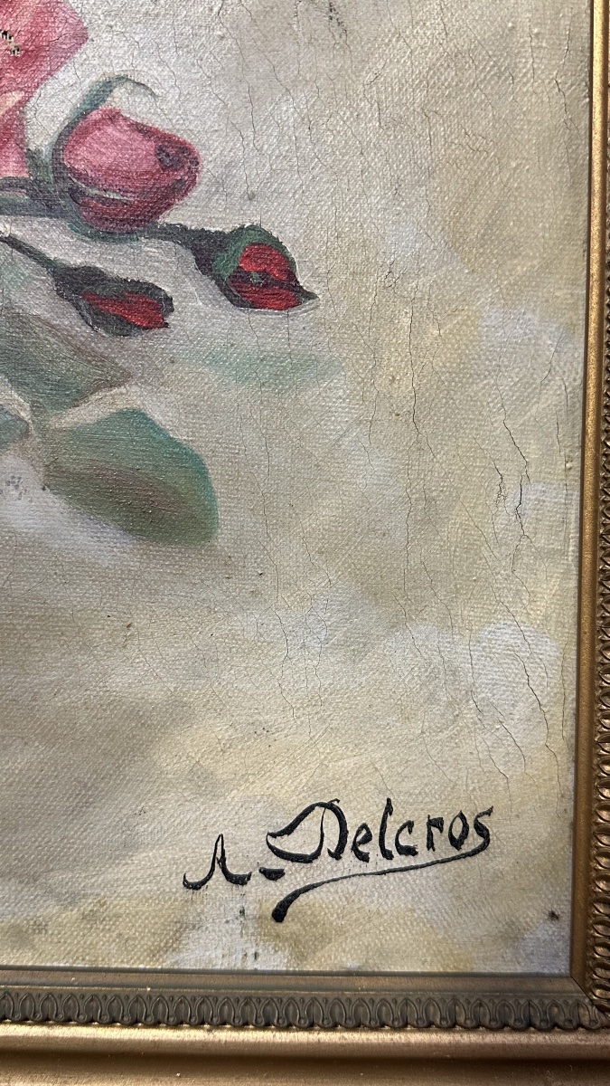 Dipinto ad Olio su Tela – Natura Morta con Bouquet di Rose, Firmato A. Delcros - XIX secolo-photo-4