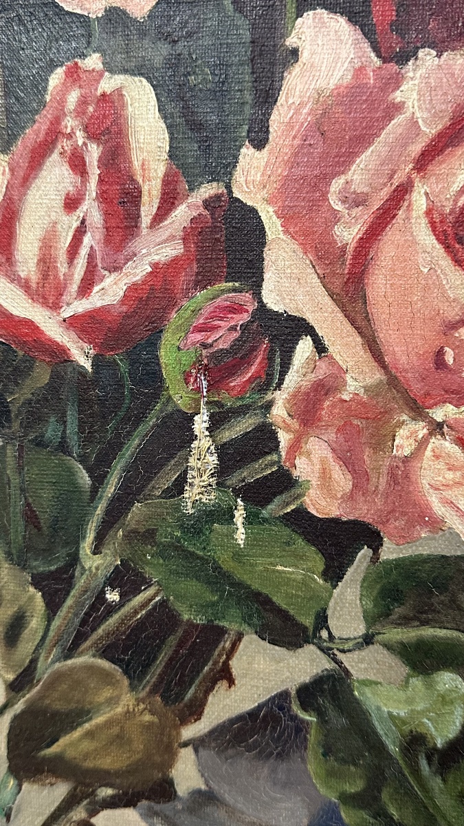 Dipinto ad Olio su Tela – Natura Morta con Bouquet di Rose, Firmato A. Delcros - XIX secolo-photo-1