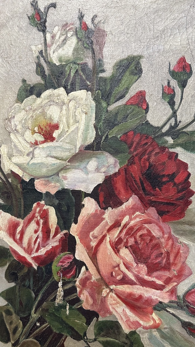 Dipinto ad Olio su Tela – Natura Morta con Bouquet di Rose, Firmato A. Delcros - XIX secolo-photo-2