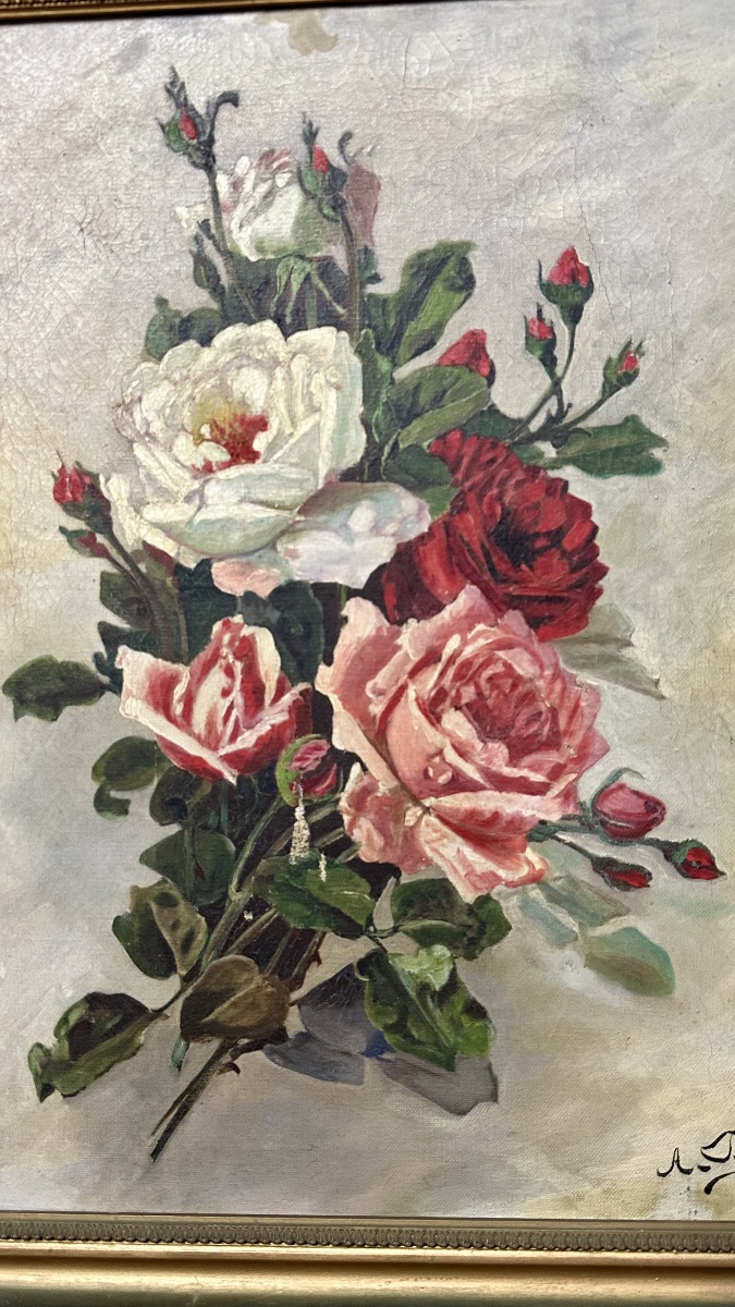 Dipinto ad Olio su Tela – Natura Morta con Bouquet di Rose, Firmato A. Delcros - XIX secolo-photo-3