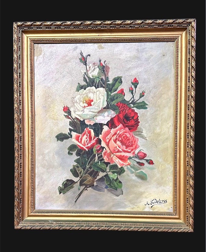 Dipinto ad Olio su Tela – Natura Morta con Bouquet di Rose, Firmato A. Delcros - XIX secolo