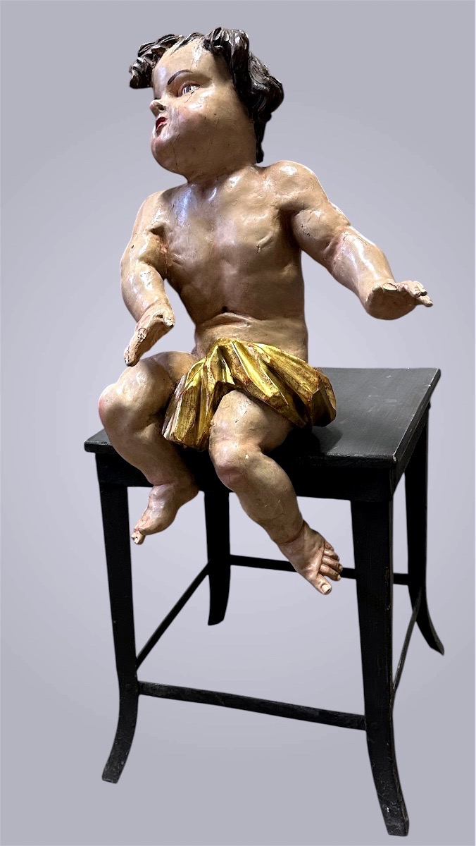 Scultura in Legno Intagliato e Policromo – Putto / Angelo Reggicortina - fine XVII, inizio XVII-photo-2