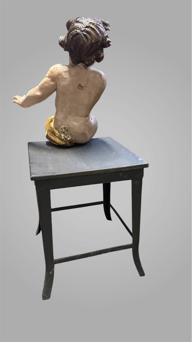 Scultura in Legno Intagliato e Policromo – Putto / Angelo Reggicortina - fine XVII, inizio XVII-photo-3
