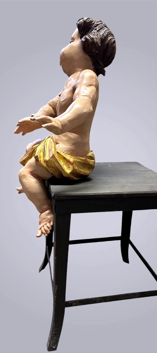 Scultura in Legno Intagliato e Policromo – Putto / Angelo Reggicortina - fine XVII, inizio XVII-photo-4