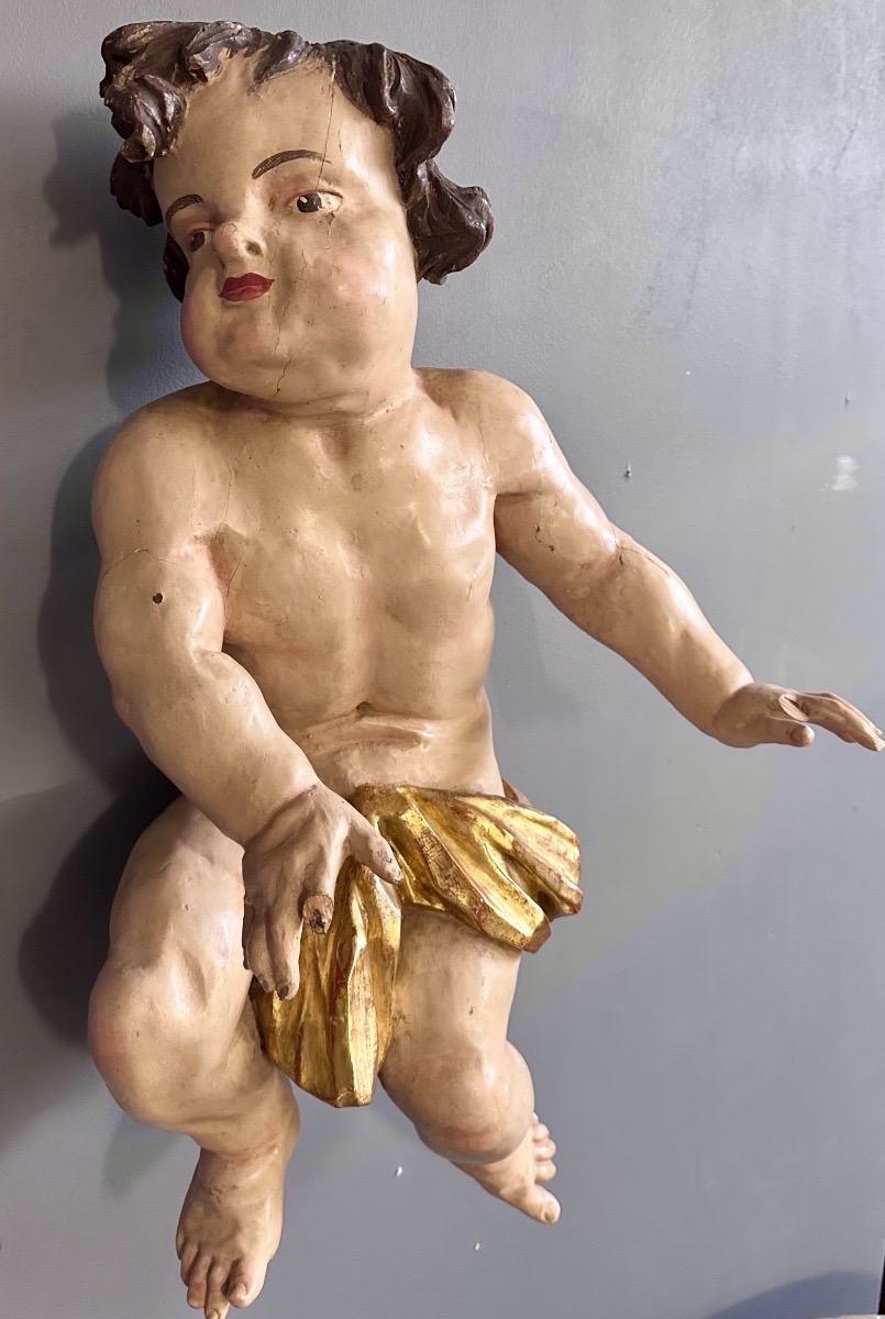 Scultura in Legno Intagliato e Policromo – Putto / Angelo Reggicortina - fine XVII, inizio XVII-photo-3