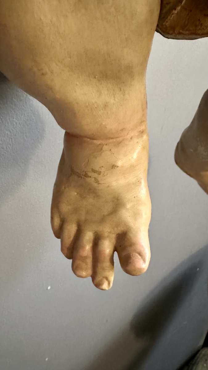 Scultura in Legno Intagliato e Policromo – Putto / Angelo Reggicortina - fine XVII, inizio XVII-photo-6