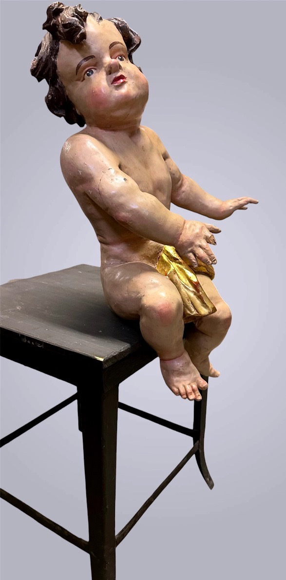 Scultura in Legno Intagliato e Policromo – Putto / Angelo Reggicortina - fine XVII, inizio XVII
