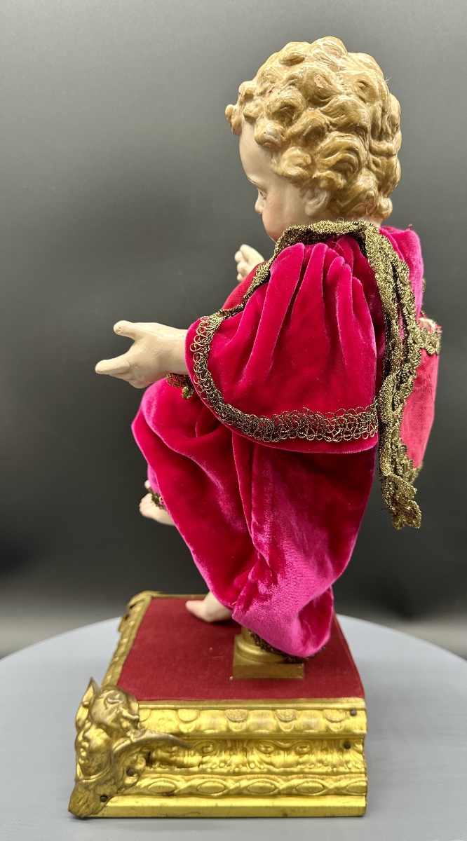 Gesù Bambino in terracotta policroma con occhi in vetro su base dorata – XIX secolo-photo-2