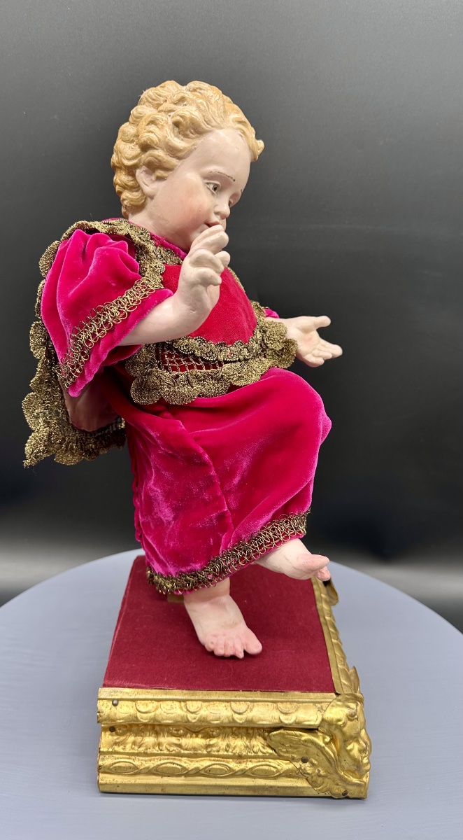 Gesù Bambino in terracotta policroma con occhi in vetro su base dorata – XIX secolo-photo-4