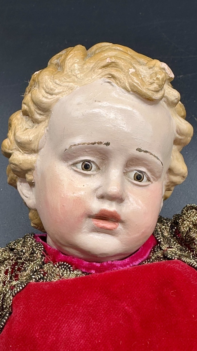 Gesù Bambino in terracotta policroma con occhi in vetro su base dorata – XIX secolo-photo-1
