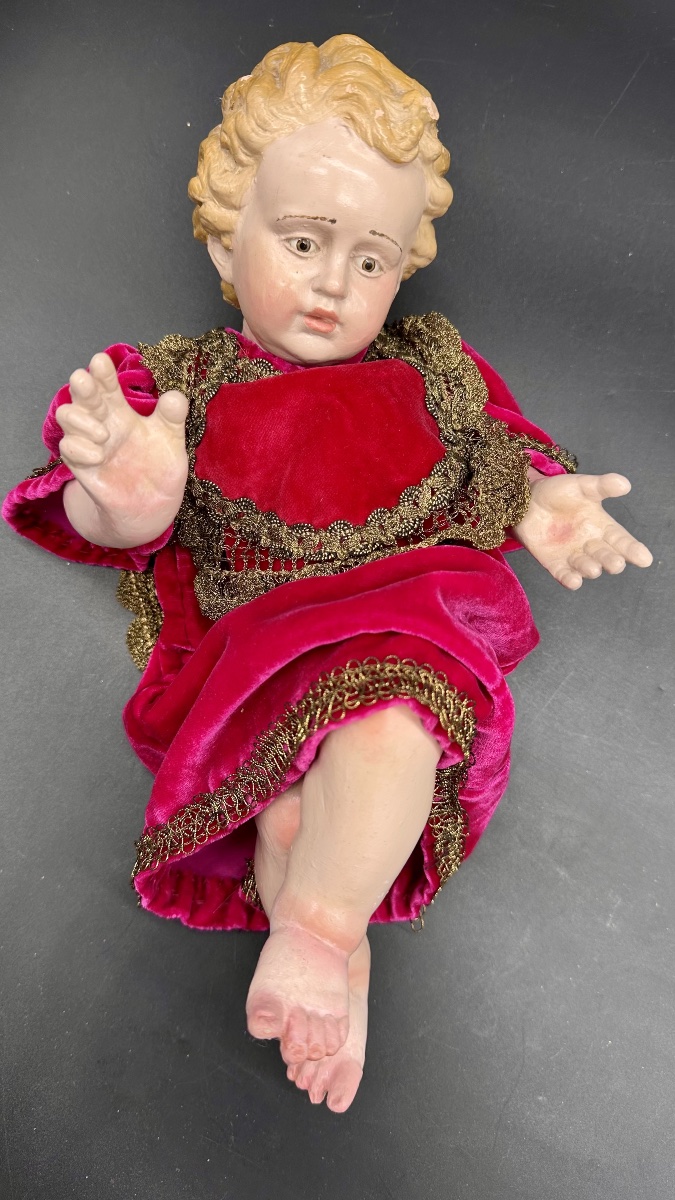 Gesù Bambino in terracotta policroma con occhi in vetro su base dorata – XIX secolo-photo-6