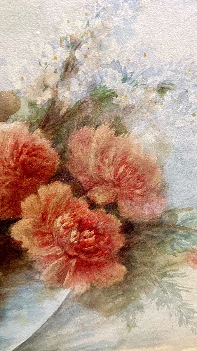 Acquarello “Natura morta con composizione floreale”, firmato Madeleine Renaud - XX sec. -photo-1