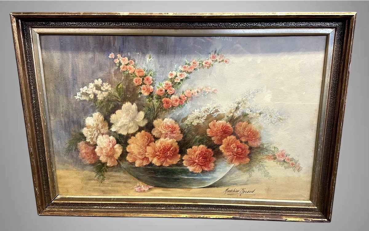 Acquarello “Natura morta con composizione floreale”, firmato Madeleine Renaud - XX sec. 