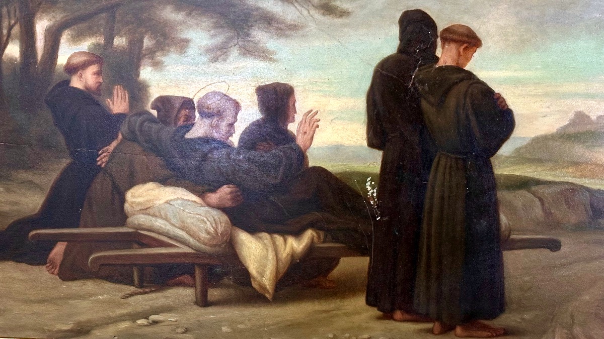Dipinto a olio su tavola – "La benedizione di San Francesco alla città di Assisi" - firmato -photo-2