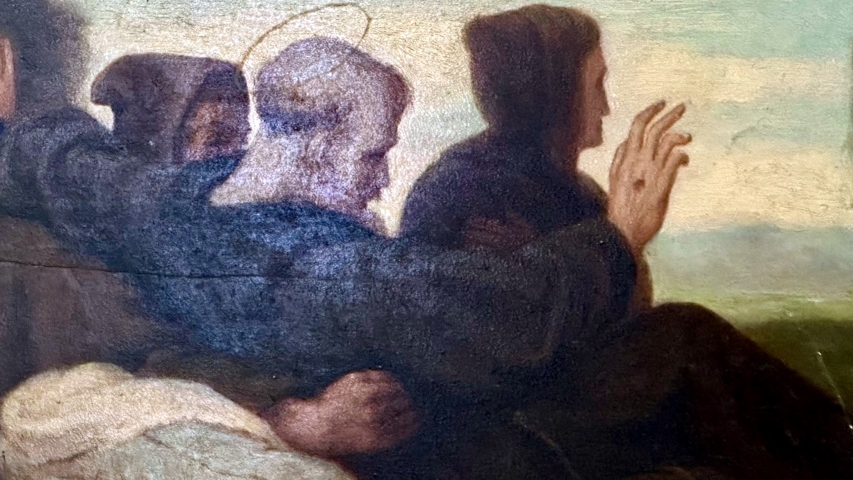 Dipinto a olio su tavola – "La benedizione di San Francesco alla città di Assisi" - firmato -photo-3