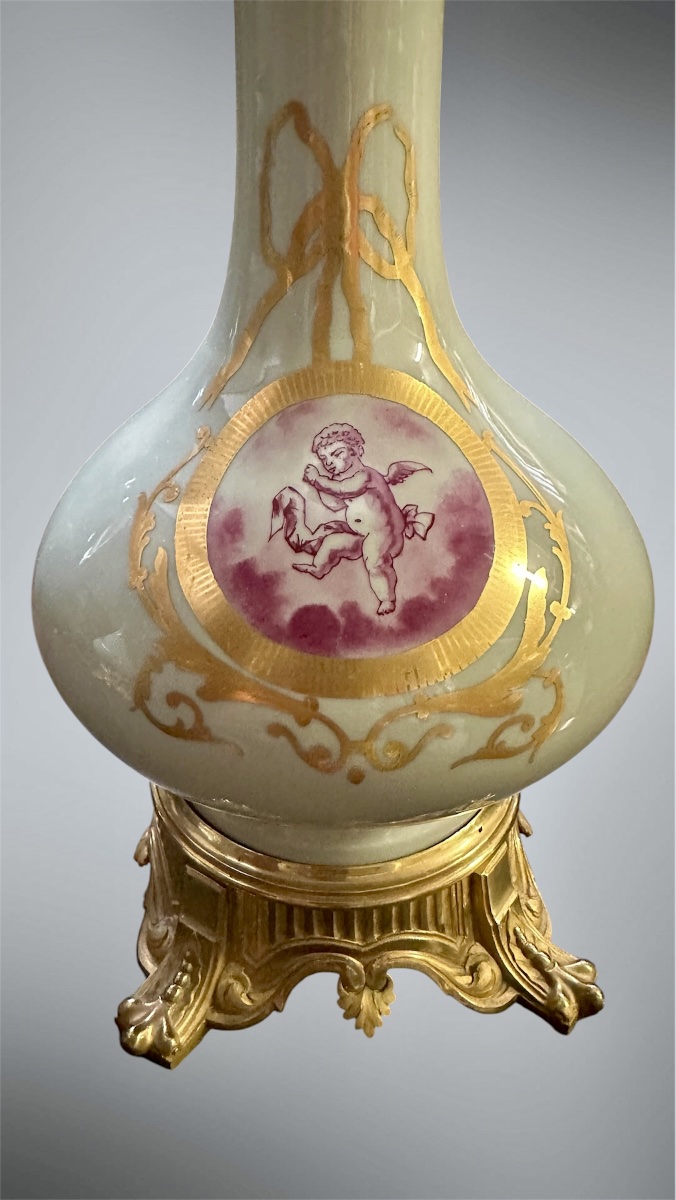 Coppia di Lampade da Tavolo in Porcellana Celadon e Bronzo Dorato – XIX secolo-photo-3