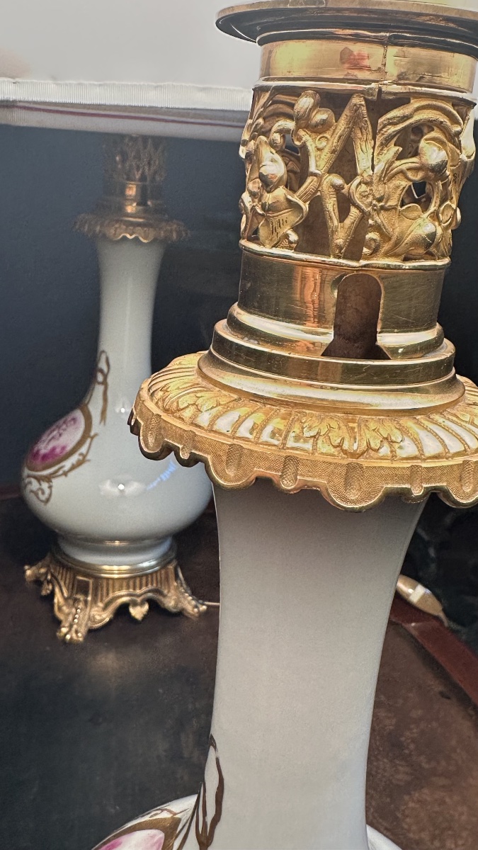 Coppia di Lampade da Tavolo in Porcellana Celadon e Bronzo Dorato – XIX secolo-photo-2