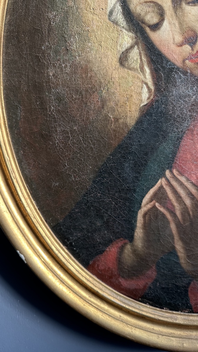 Dipinto Devozionale raffigurante la Vergine in Preghiera – Olio su Tela – XVII secolo-photo-3